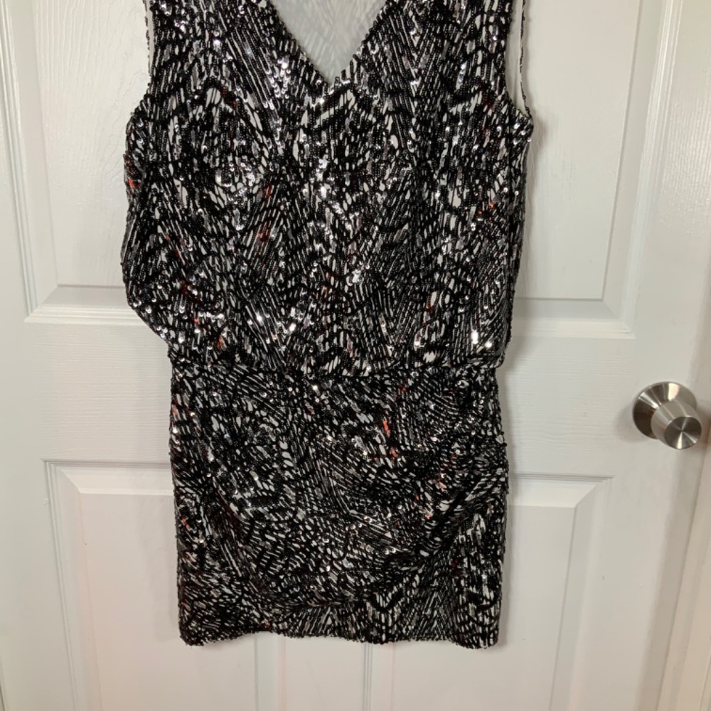 Rebecca Minkoff Spirit Animal Sequin Black Silver Silk Mini Dress Size 4 - Picture 4 of 9